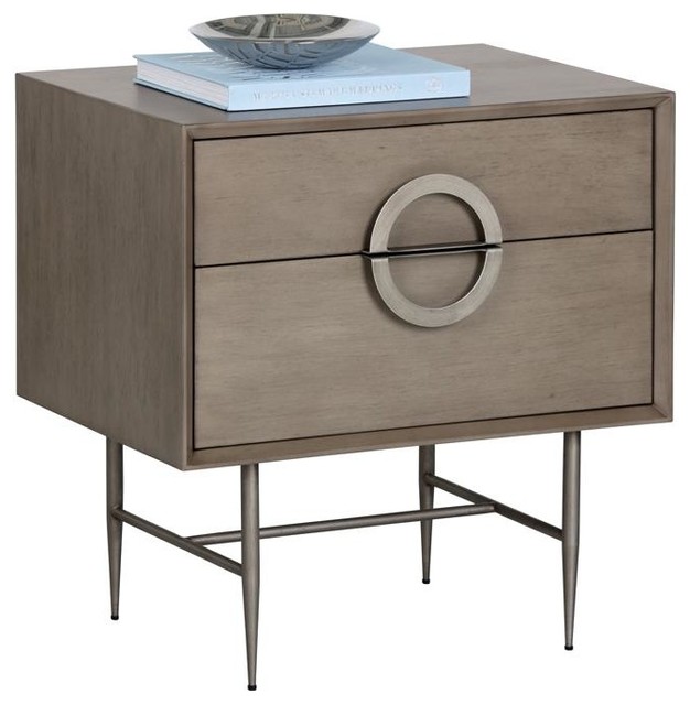 Harun Nightstand Antique Silver Ash Grey Finish Midcentury