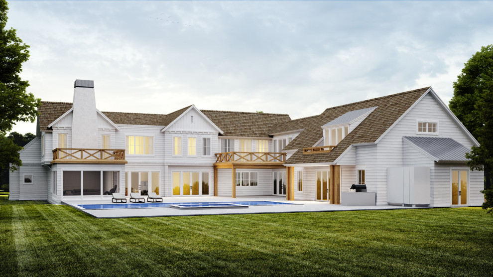 Пример оригинального дизайна: двухэтажный, белый частный загородный дом среднего размера в стиле неоклассика (современная классика) с комбинированной облицовкой, крышей-бабочкой, металлической крышей, коричневой крышей и отделкой доской с нащельником