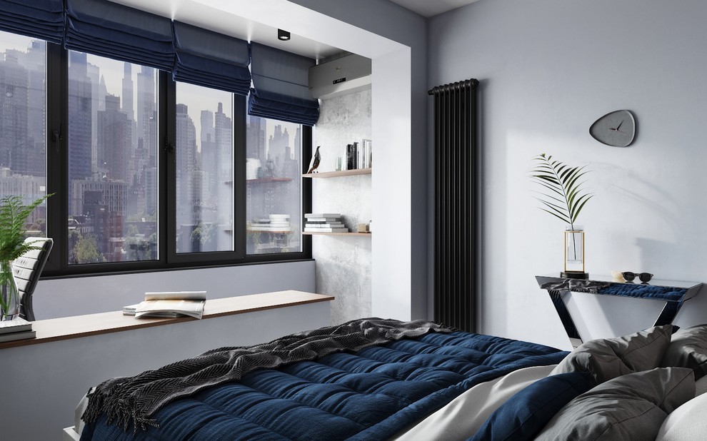 Прямо из спальни открывается вид на город с высокого этажа.