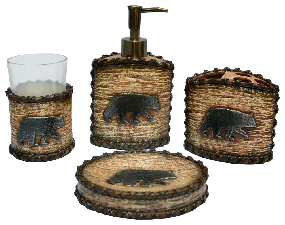 4Piece Rustic Bear Bath Set Rustic Bathroom Accessory Sets by