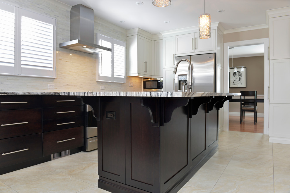 Inspiration for a large transitional u-shaped ceramic tile enclosed kitchen remodel in Toronto with an undermount sink, flat-panel cabinets, dark wood cabinets, granite countertops, beige backsplash, matchstick tile backsplash, stainless steel appliances and an island