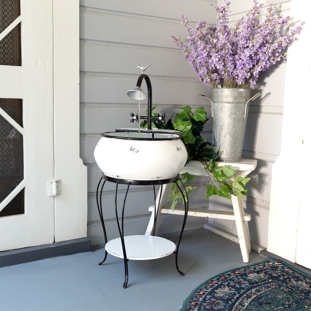 32" Tall Outdoor Antique Metal Sink Water Fountain and Stand, White