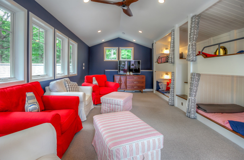Kennedy Lake House - Inspiration for a farmhouse carpeted kids' room remodel in Grand Rapids with blue walls