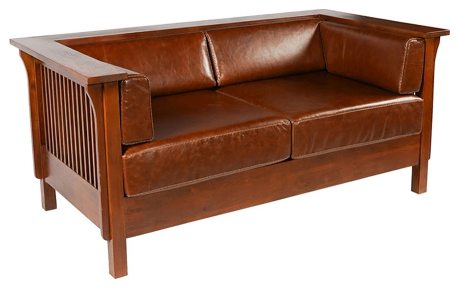 Arts and Crafts / Craftsman Cubic Slat Side Love Seat - Chestnut Brown Leather