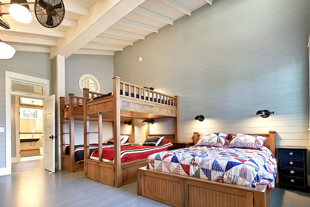 Idéer för att renovera ett rustikt könsneutralt barnrum kombinerat med sovrum, med grå väggar och grått golv