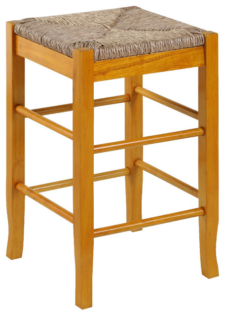 Benzara BM274265 Counter Stool With Wood Frame, Handwoven Rush Seat, Oak Brown