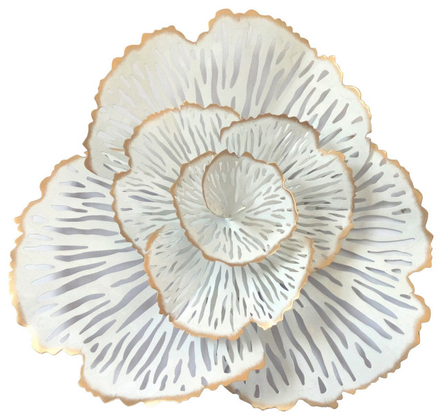Plutus Brands Flower Wall Decor, White And Gold Metal Contemporary