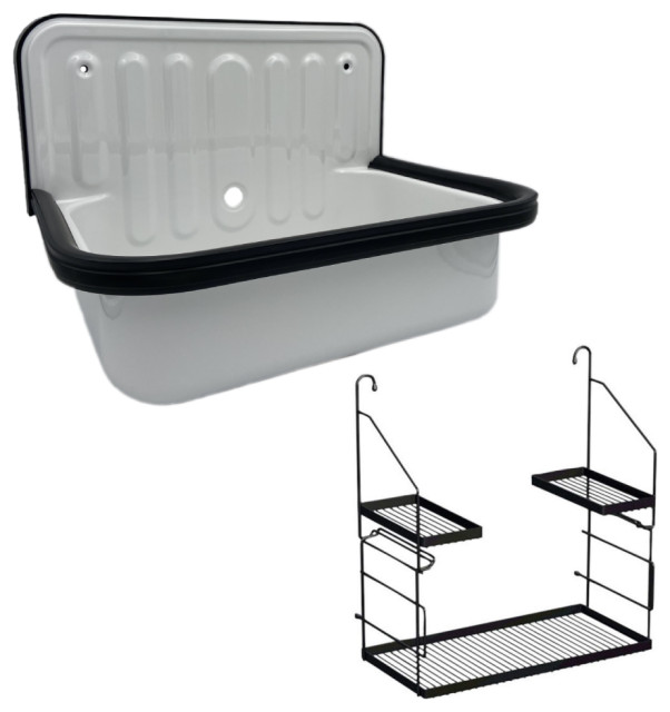 Wall Mounted Service / Utility Sink, White Glazed Steel, with Storage Caddy Transitional