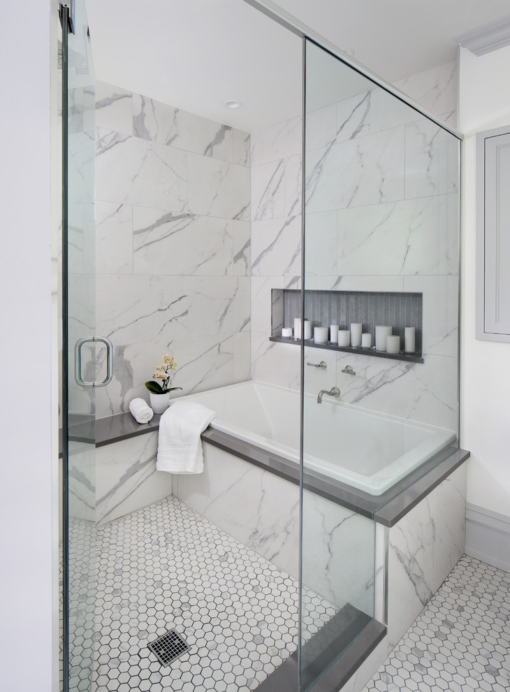 Design ideas for a large master bathroom in Nashville with recessed-panel cabinets, grey cabinets, a drop-in tub, a shower/bathtub combo, white tile, porcelain tile, porcelain floors, an undermount sink, engineered quartz benchtops, grey floor, a hinged shower door and grey benchtops.
