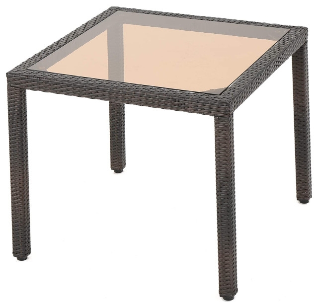 Patio Dining Table Wicker Covered Frame With Square Tempered Glass Top Brown Tropical 