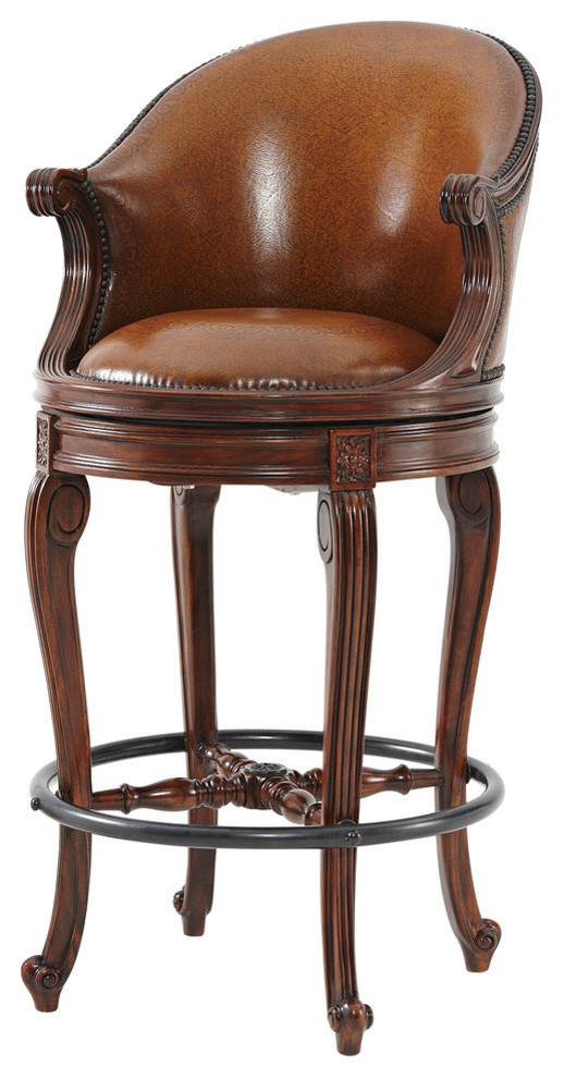 Louis XV Carved Leather Upholstered Swivel Bar Stool Traditional Bar Stools And Counter