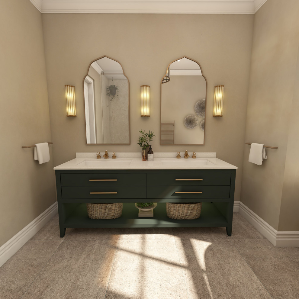 Design ideas for a mid-sized country master wet room bathroom in Surrey with flat-panel cabinets, green cabinets, a freestanding tub, beige tile, marble, beige walls, limestone floors, a drop-in sink, quartzite benchtops, beige floor, a sliding shower screen, white benchtops, a shower seat, a double vanity and a freestanding vanity.