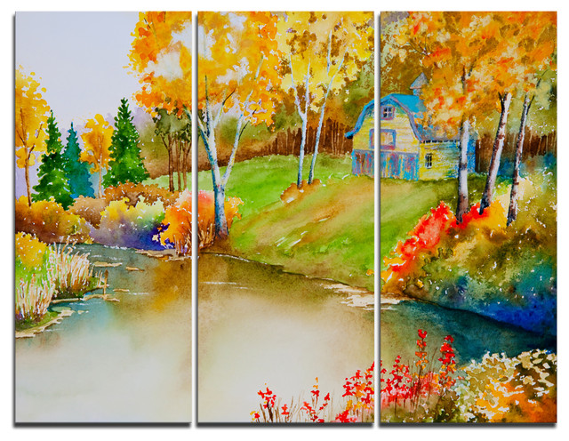 House And Quiet Pond In Fall Canvas Art Print 3 Panels 36 X28 Contemporary Prints And Posters By Design Art Usa