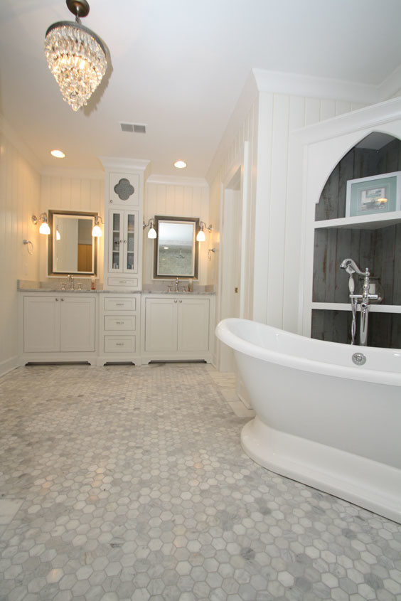 Inspiration for an expansive arts and crafts master bathroom in Atlanta with an undermount sink, furniture-like cabinets, white cabinets, granite benchtops, a freestanding tub, a double shower, a two-piece toilet, white tile, ceramic tile, white walls and ceramic floors.