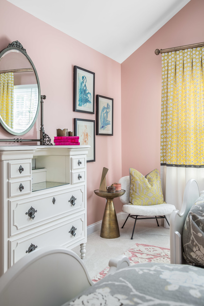 Design ideas for an expansive transitional kids' bedroom for girls and kids 4-10 years old in Columbus with pink walls, carpet and beige floor.