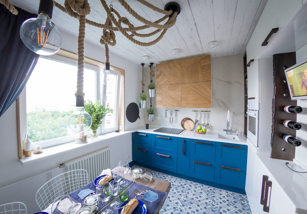 Inspiration for a mid-sized eclectic l-shaped separate kitchen in Moscow with an undermount sink, solid surface benchtops, white splashback, ceramic floors, no island, shaker cabinets, white appliances, stone slab splashback and multi-coloured floor.