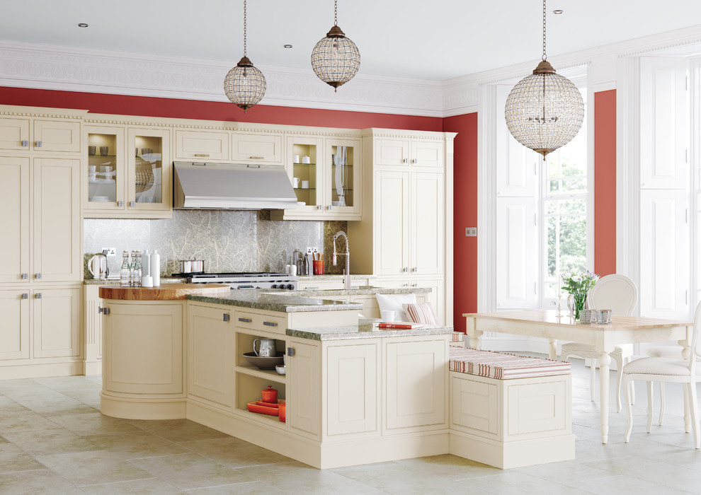 Large traditional eat-in kitchen in Other with an undermount sink, shaker cabinets, beige cabinets, grey splashback, stone slab splashback and with island.