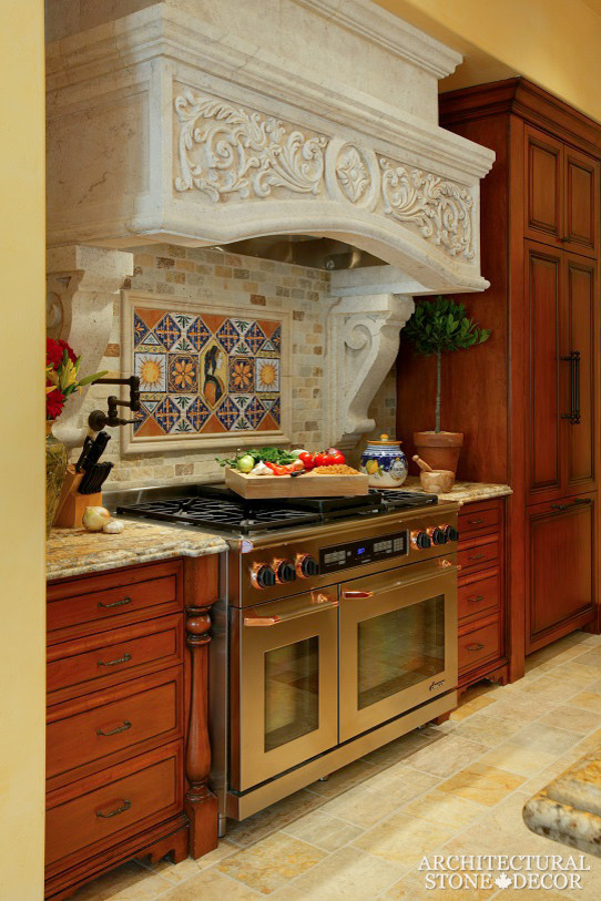 This is an example of a large mediterranean kitchen in Toronto with multi-coloured splashback, limestone splashback, limestone floors and multi-coloured floor.