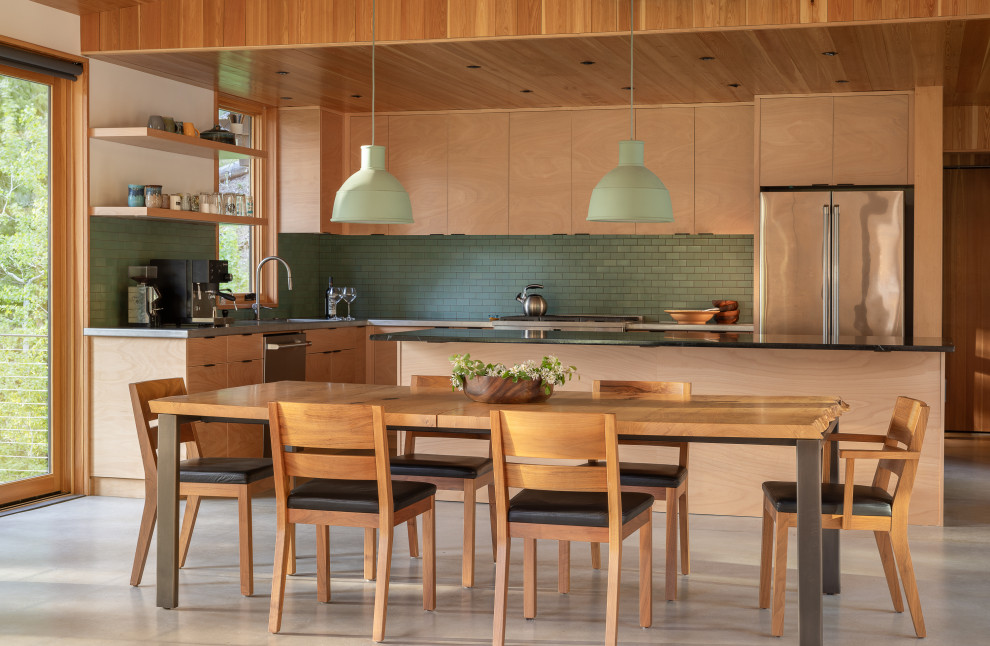 Inspiration for a small contemporary concrete floor, gray floor and wood ceiling great room remodel in Seattle with white walls