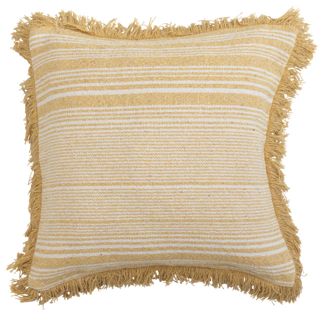 Woven Recycled Cotton Blend Pillow Cover with Fringe, Yellow and Cream