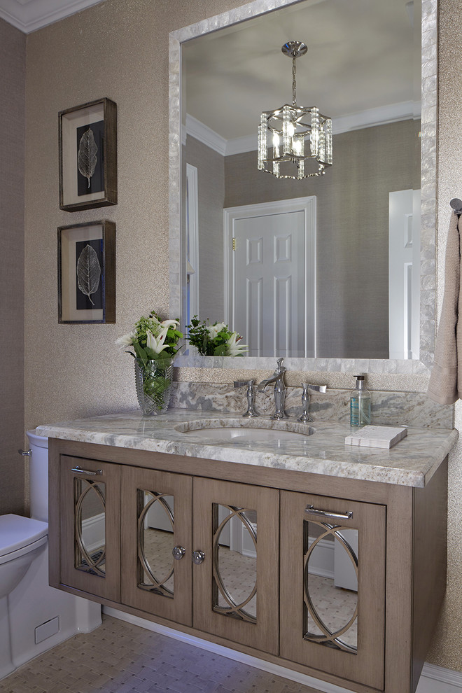 Example of a mid-sized transitional beige tile porcelain tile and beige floor bathroom design in New York with furniture-like cabinets, beige cabinets, a one-piece toilet, beige walls, an undermount sink, quartzite countertops and white countertops