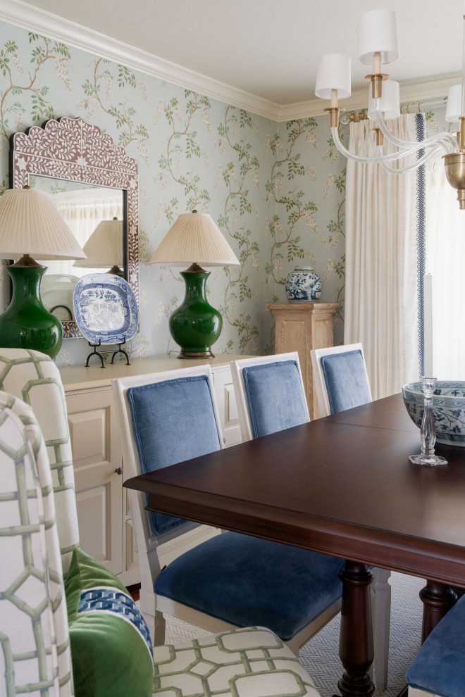 Mid-sized elegant dark wood floor and wallpaper dining room photo in Oklahoma City