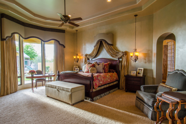 Inspiration for a huge transitional master carpeted bedroom remodel in Phoenix with blue walls