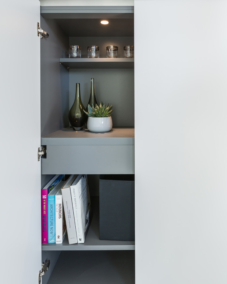 Small contemporary single-wall laundry cupboard in Gloucestershire with a single-bowl sink, flat-panel cabinets, grey cabinets, laminate benchtops, beige walls, carpet, grey floor and grey benchtop.