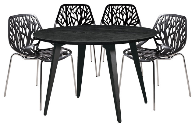 Leisuremod Ravenna 5-Piece Dining Set With 4 Stackable Chairs and Round Table, Black