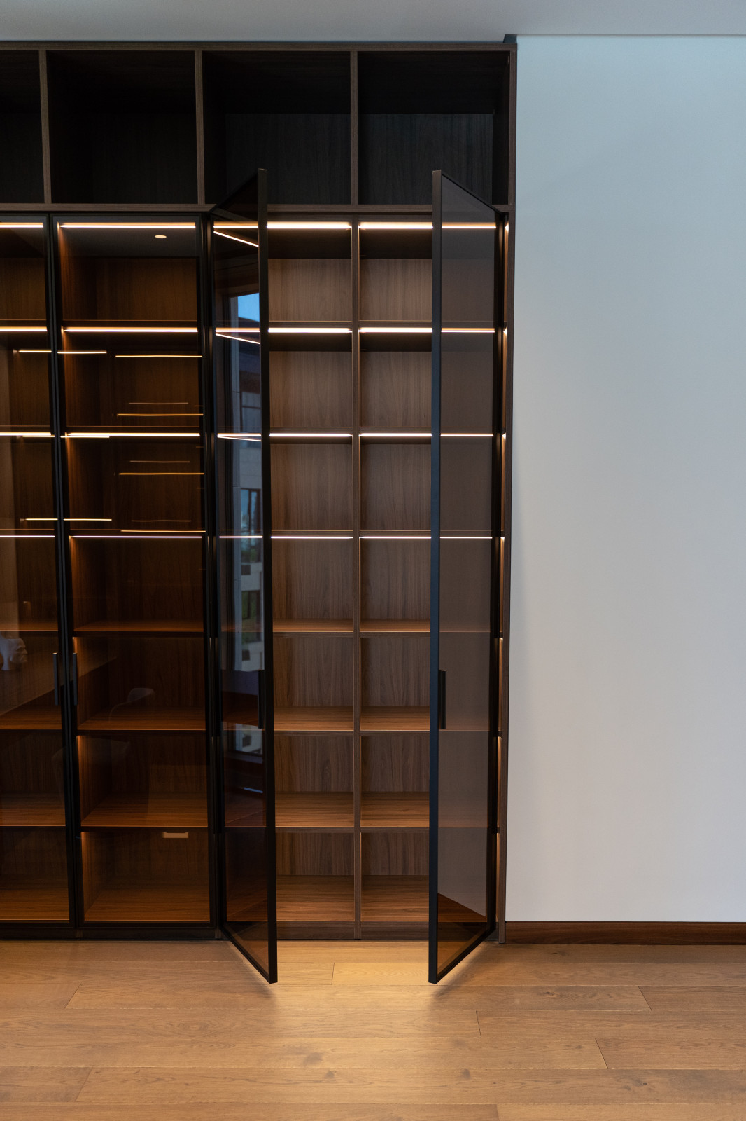 Гардеробная комната с распашными стеклянными RPE фасадами