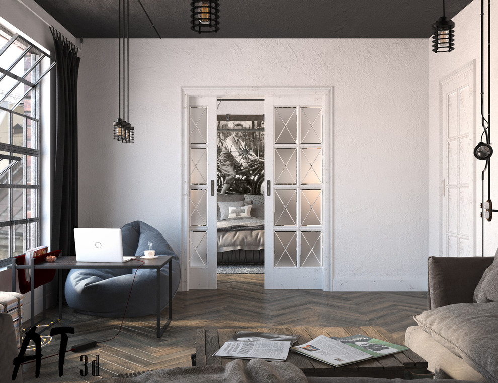 Дизайн и визуализация спальни с гостиной для заядлого холостяка в стиле лофт