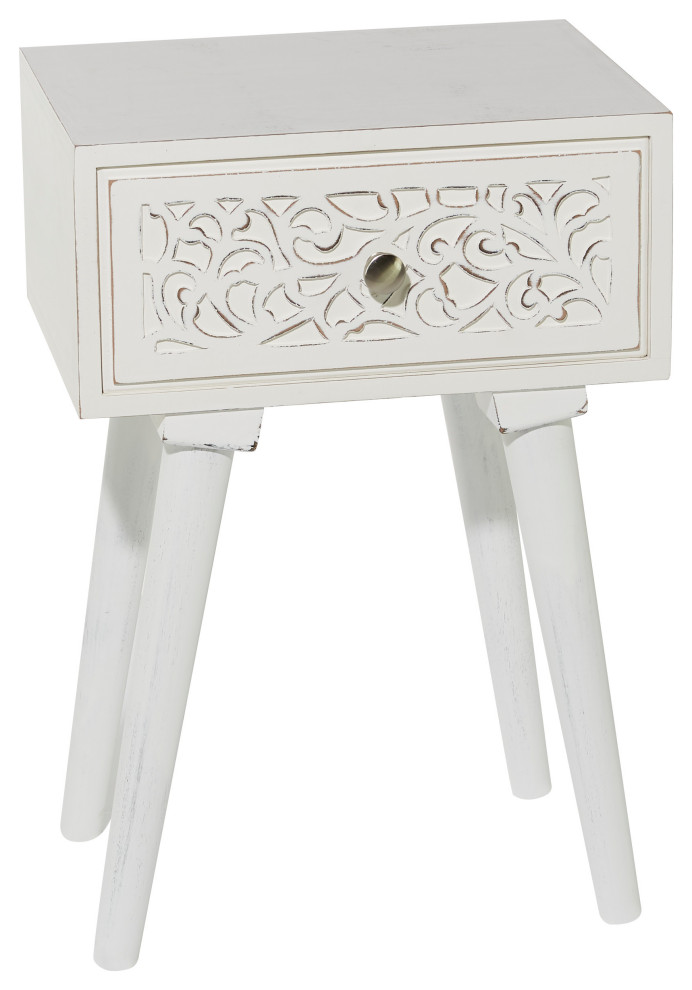 White Wood Bedside Table With Carved Acanthus Accents, 16"x23.5
