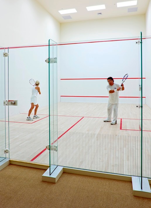 Inspiration for a large traditional indoor sport court in Boston with white walls and light hardwood floors.