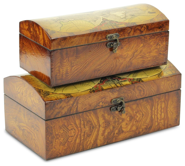 Set Of 2 Round Top Wooden Box Traditional Decorative Boxes by