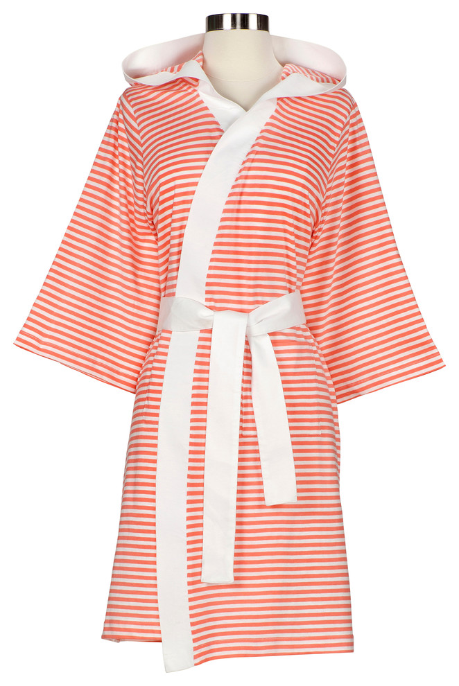 Knee Length Striped Jersey Knit Robe, White / Rose