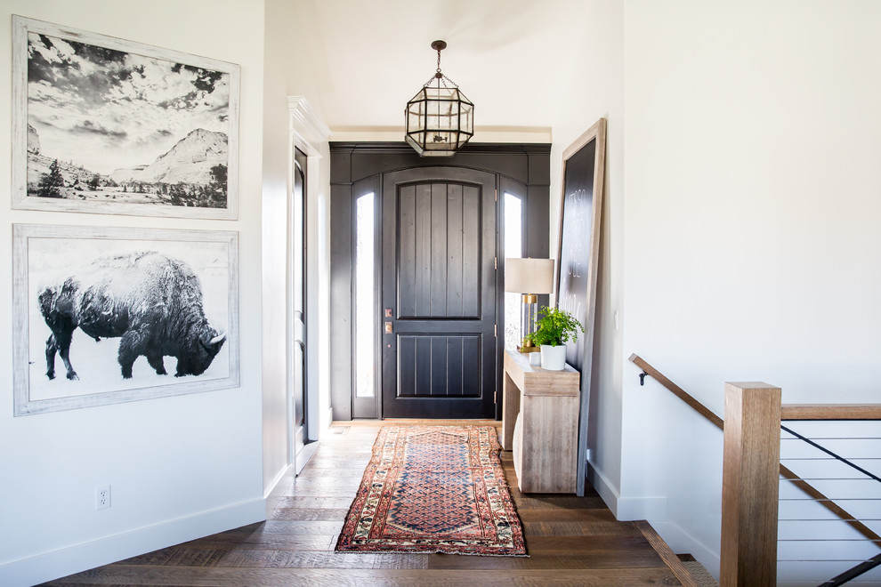 Photo of a small transitional front door in Salt Lake City with white walls, medium hardwood floors, a single front door and a black front door.