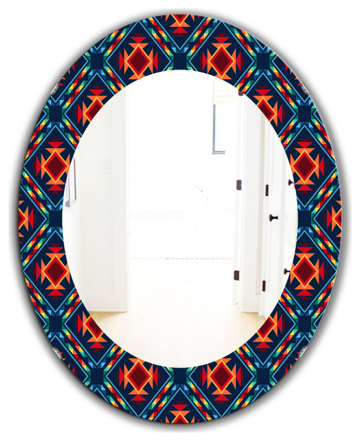 Tribal Abstract Pattern Midcentury Frameless Round Wall Mirror, 24x36