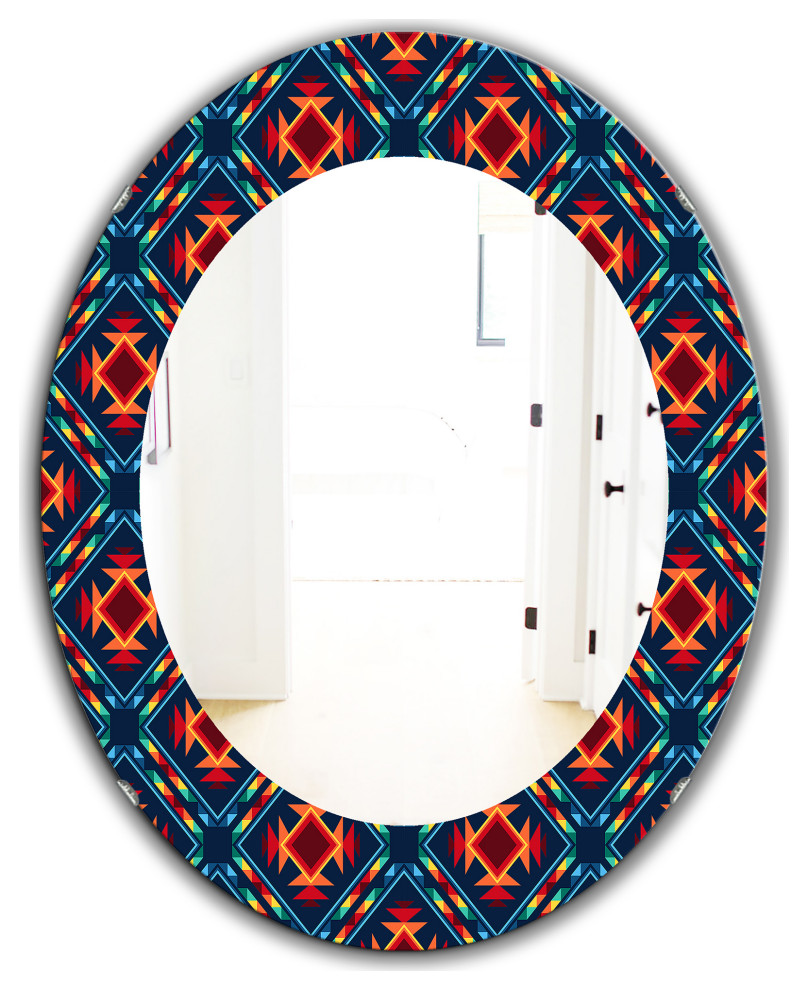 Tribal Abstract Pattern Midcentury Frameless Round Wall Mirror, 24x36
