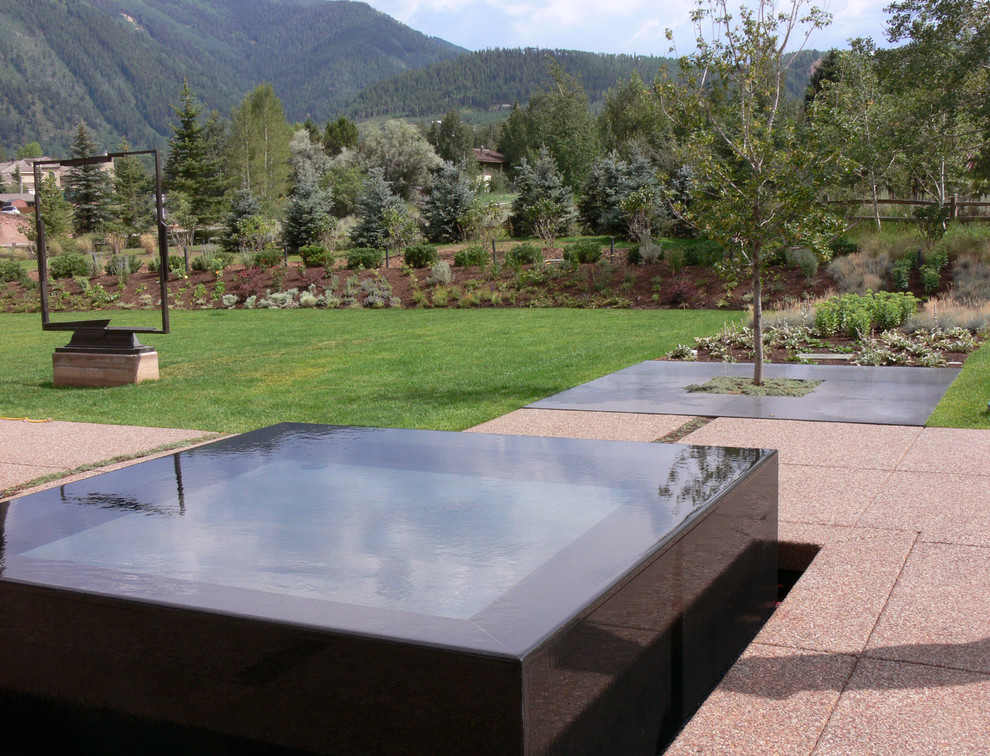 Minimalist backyard stone and custom-shaped hot tub photo in Denver
