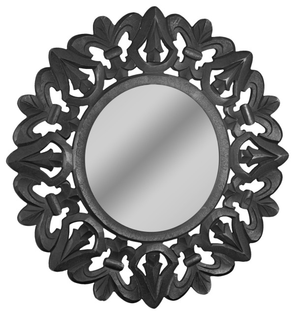 HandCarved Wood Medallion Sunburst Accent Mirror Black, 31", 31"x31