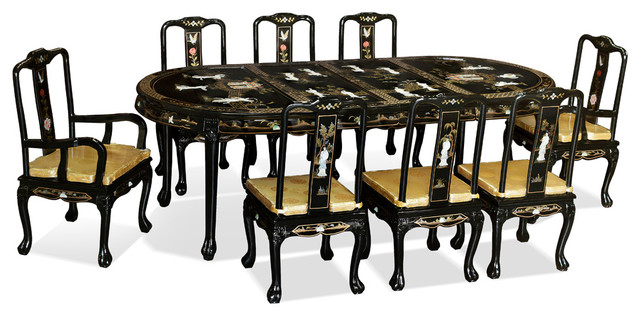 96 Black Lacquer Pearl Figure Motif Oval Dining Table With 8 Chairs Asian Dining Sets By China Furniture And Arts