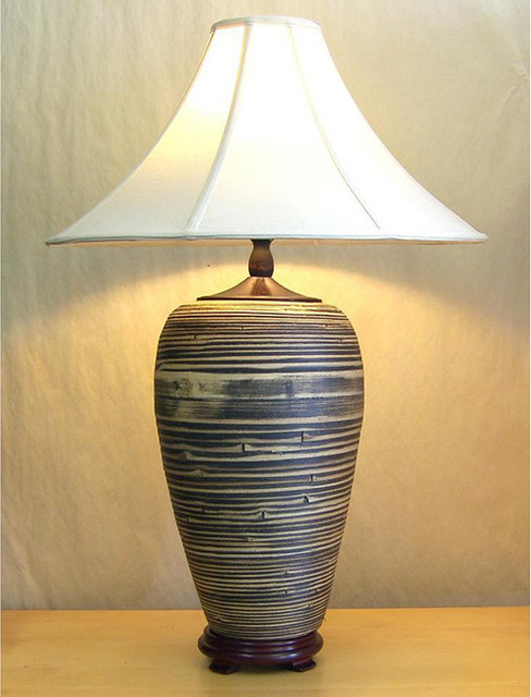Black and Tan Bamboo Beige Linen Shade Table Lamp