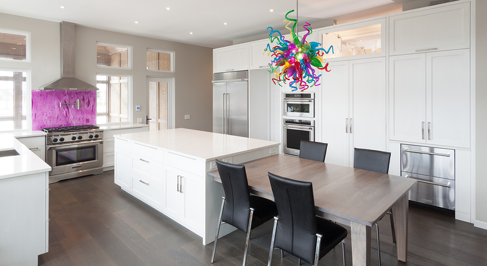 Transitional dark wood floor kitchen photo in Cleveland with recessed-panel cabinets and quartz countertops