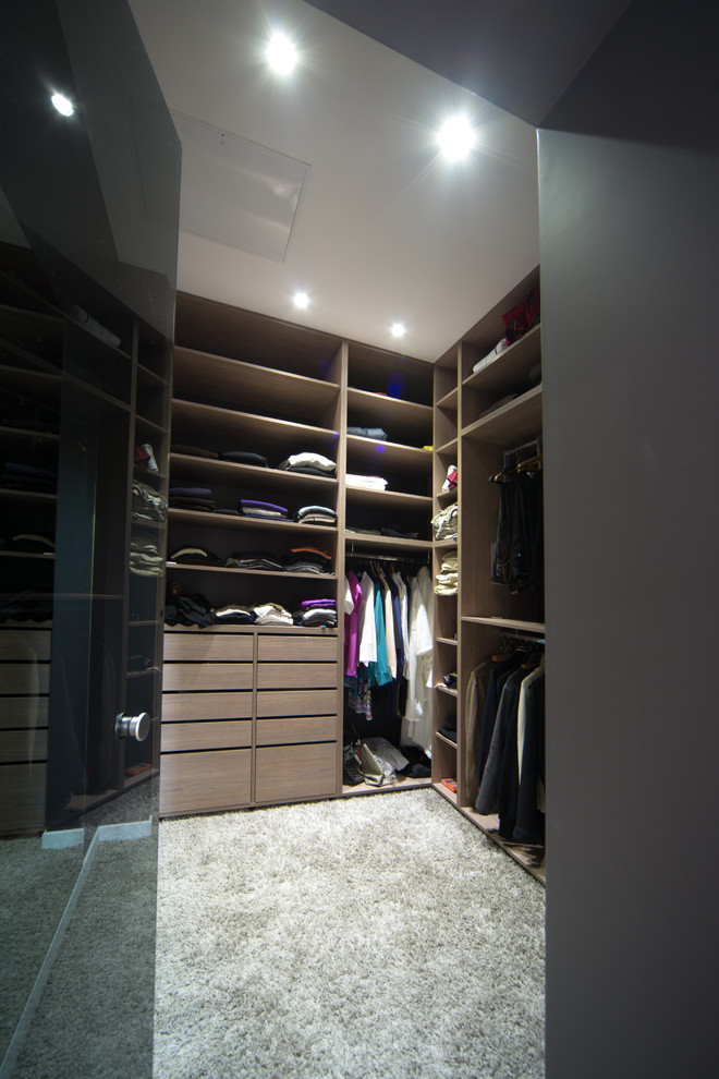 Design ideas for a small modern gender-neutral walk-in wardrobe in Lyon with open cabinets and dark wood cabinets.