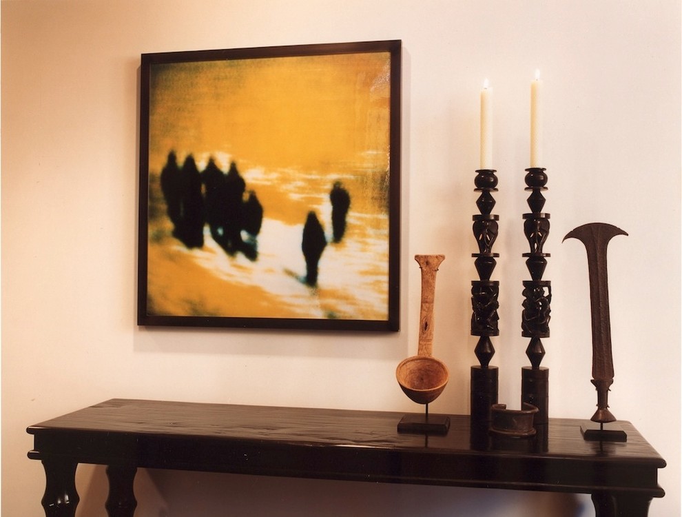 Large mountain style foyer photo in Denver with white walls