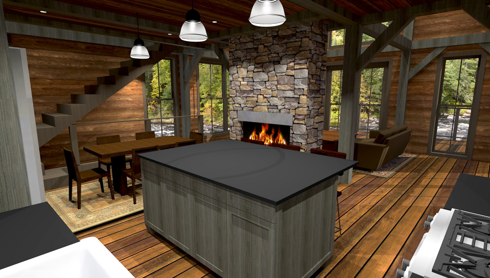 Eat-in kitchen - small rustic l-shaped medium tone wood floor and brown floor eat-in kitchen idea in Boston with a farmhouse sink, shaker cabinets, medium tone wood cabinets, soapstone countertops, wood backsplash, an island and black countertops