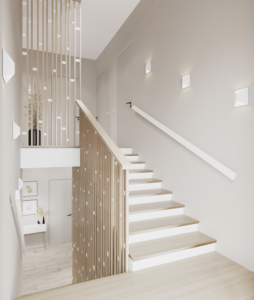 Идея дизайна: лестница среднего размера в современном стиле с деревянными ступенями