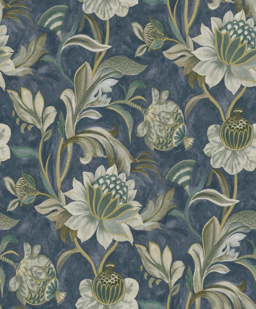 Jacobean Style Floral Non Woven Wallpaper, Navy, Sample