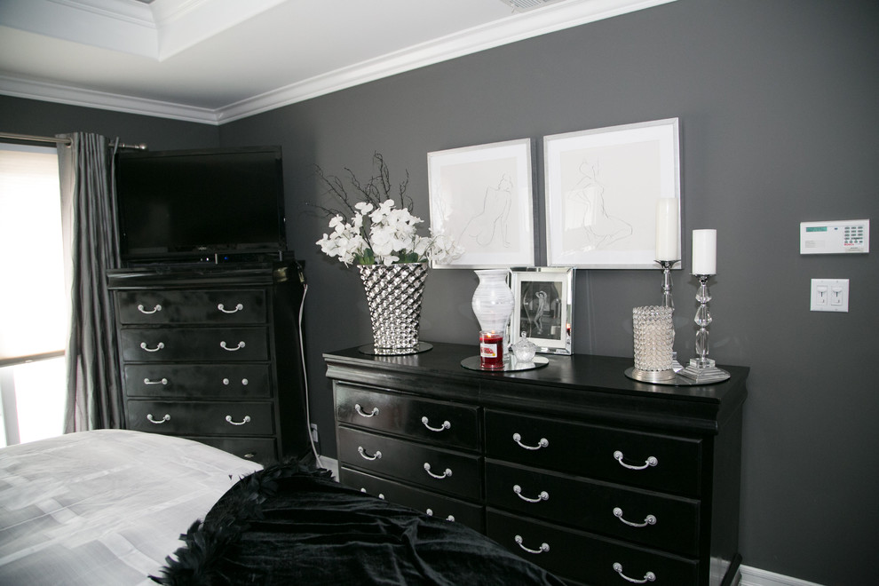 Mid-sized transitional master bedroom in Los Angeles with grey walls, dark hardwood floors and no fireplace.