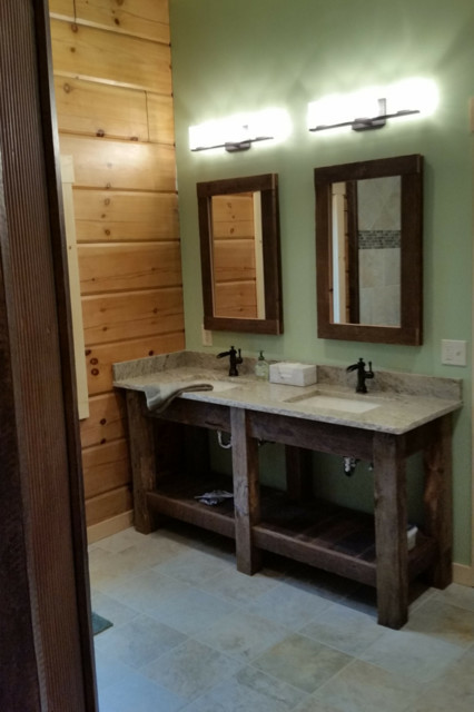 Green Typhoon Granite Countertop With Reclaimed Barnwood Vanity